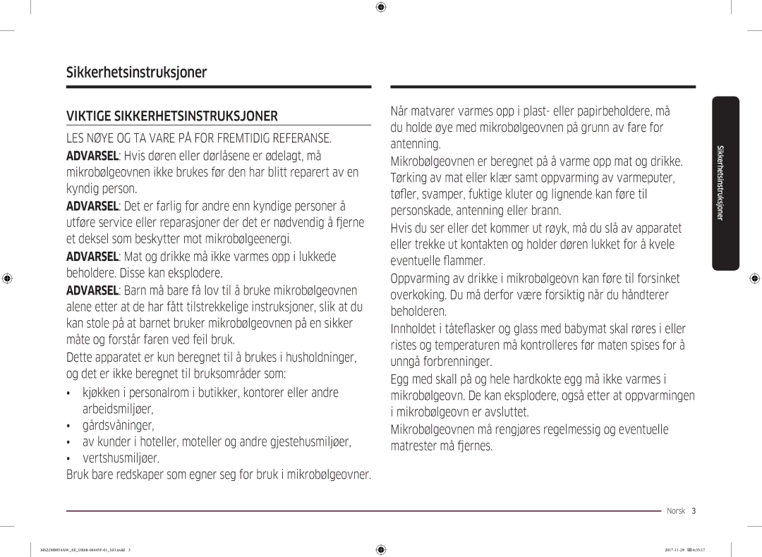 Samsung MS22M8054AK/EE, MS22M8054AW/EE manual Sikkerhetsinstruksjoner, Norsk  